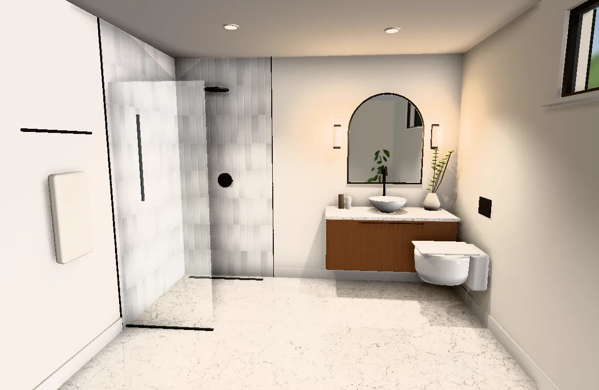 Rendu 3D d’une salle de bain conçue dans le studio de design Agora