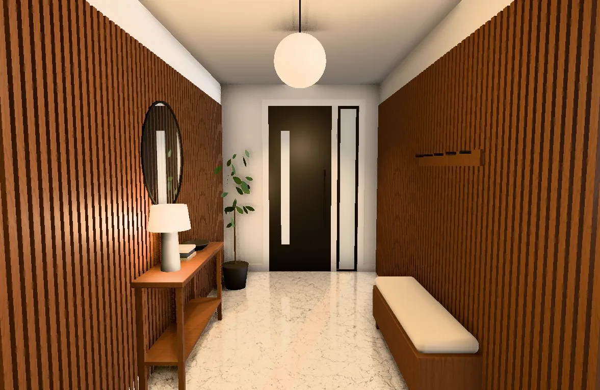 Rendu 3D d’une entrée avec plancher de marbre et mur à lattes de bois