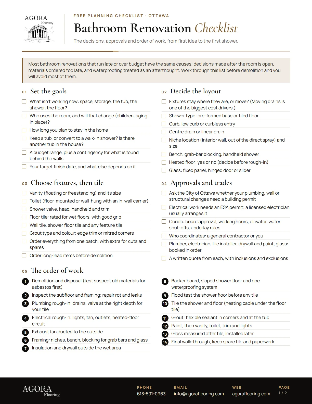 Page one of the Agora Flooring bathroom renovation planning checklist