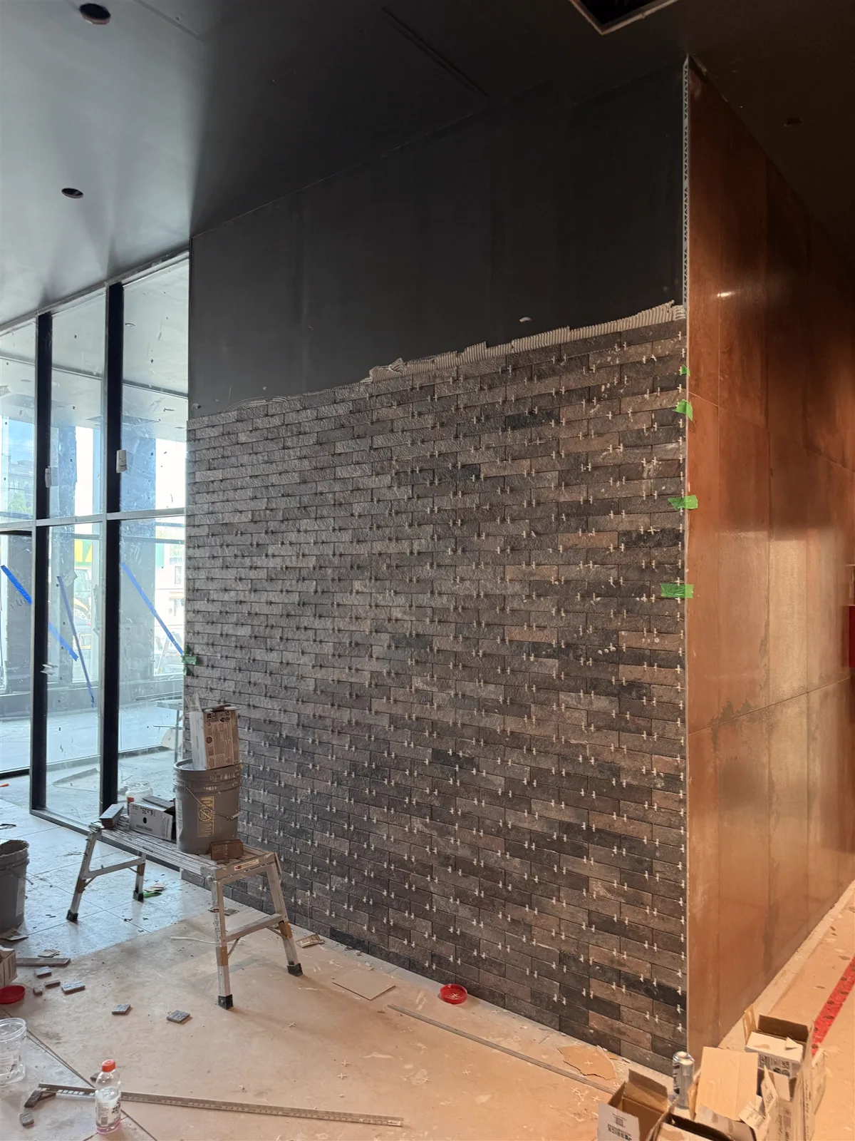 Brick feature wall during installation