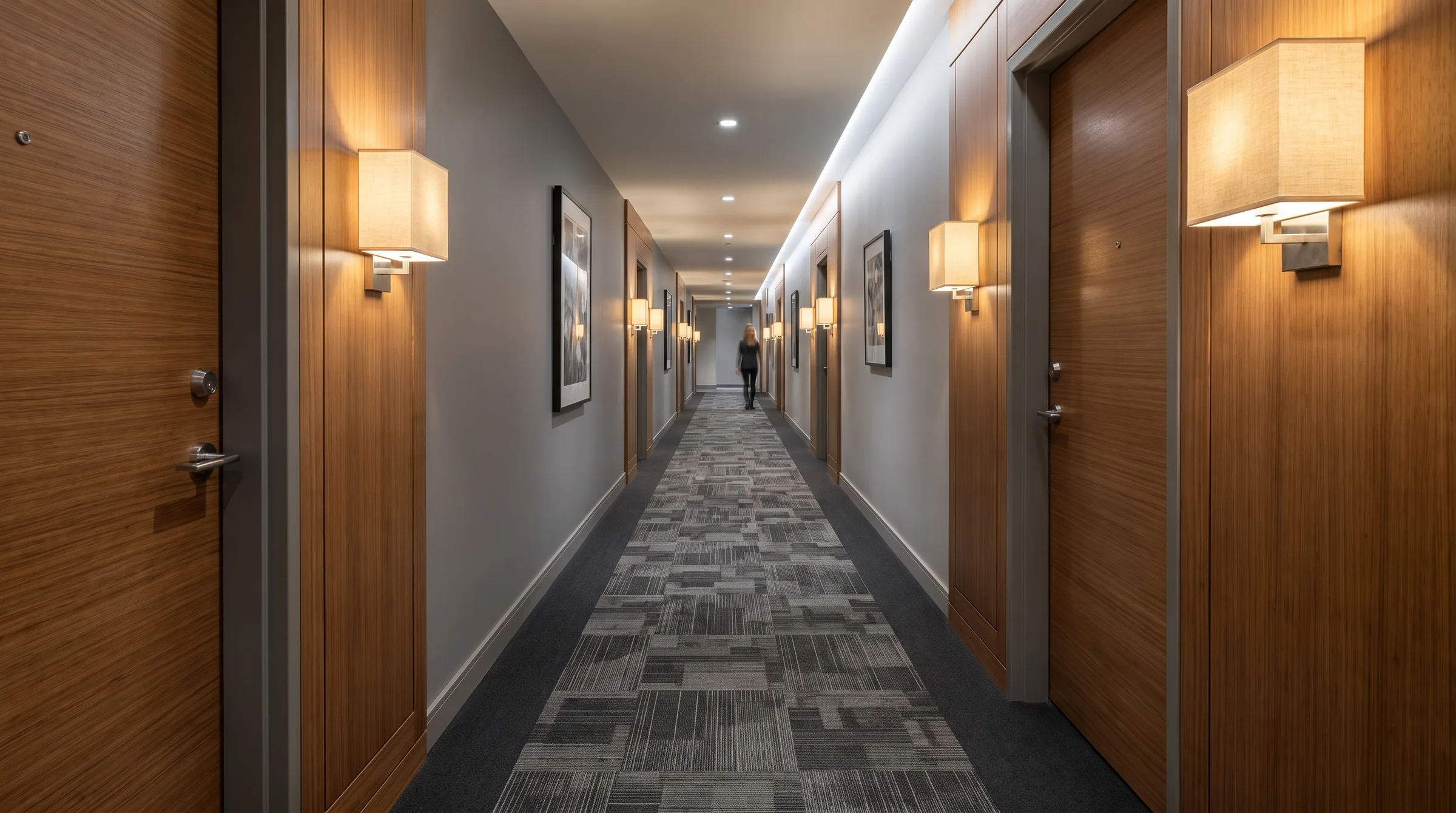 Condominium corridor with grey patterned commercial carpet tile