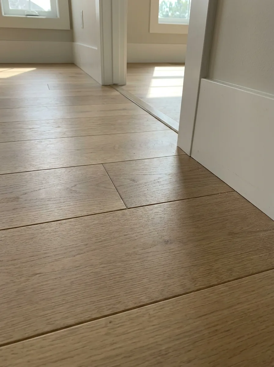 Close-up of oak hardwood planks meeting white baseboard at a doorway