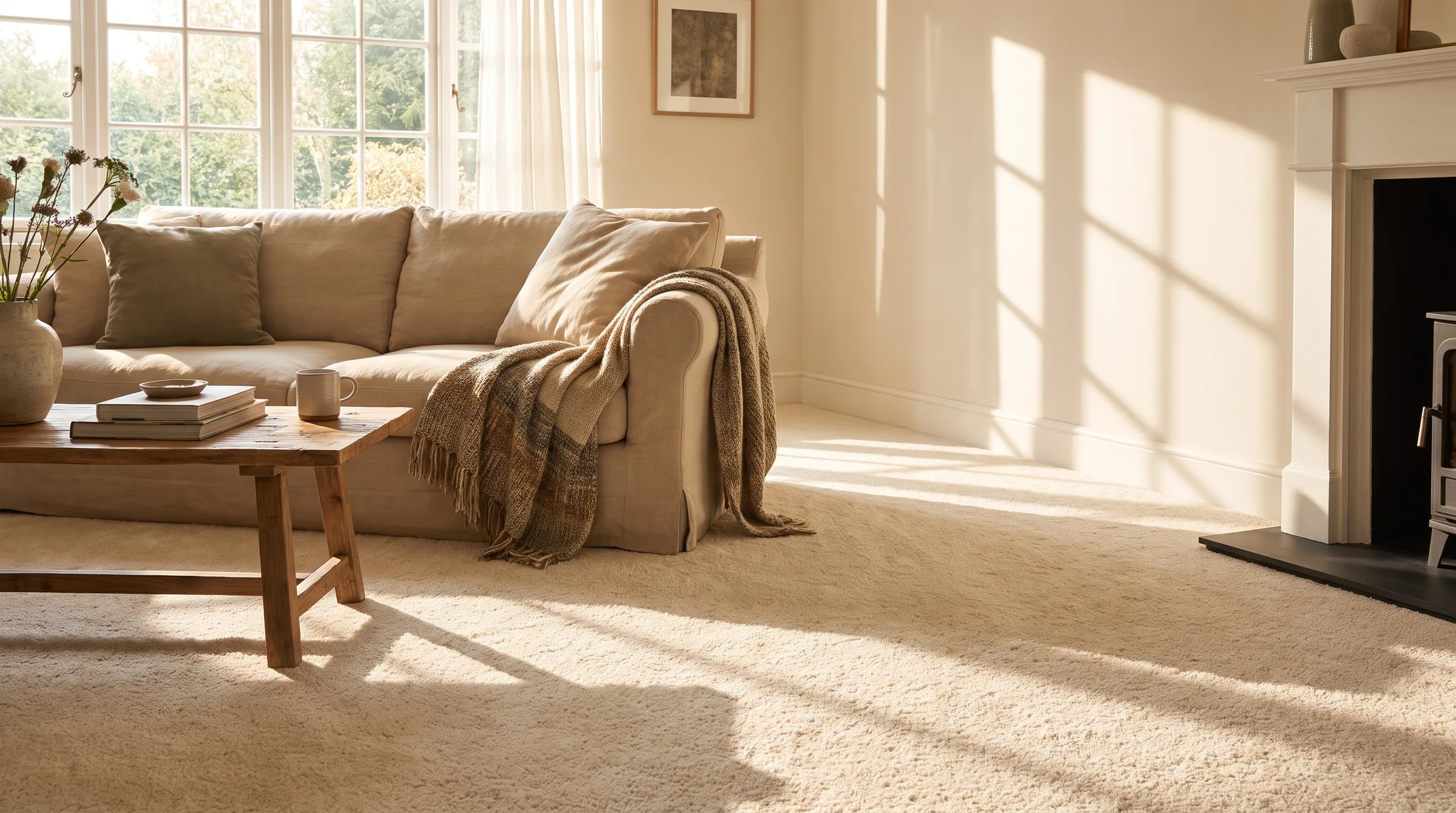 Living room with soft cream wall-to-wall carpet