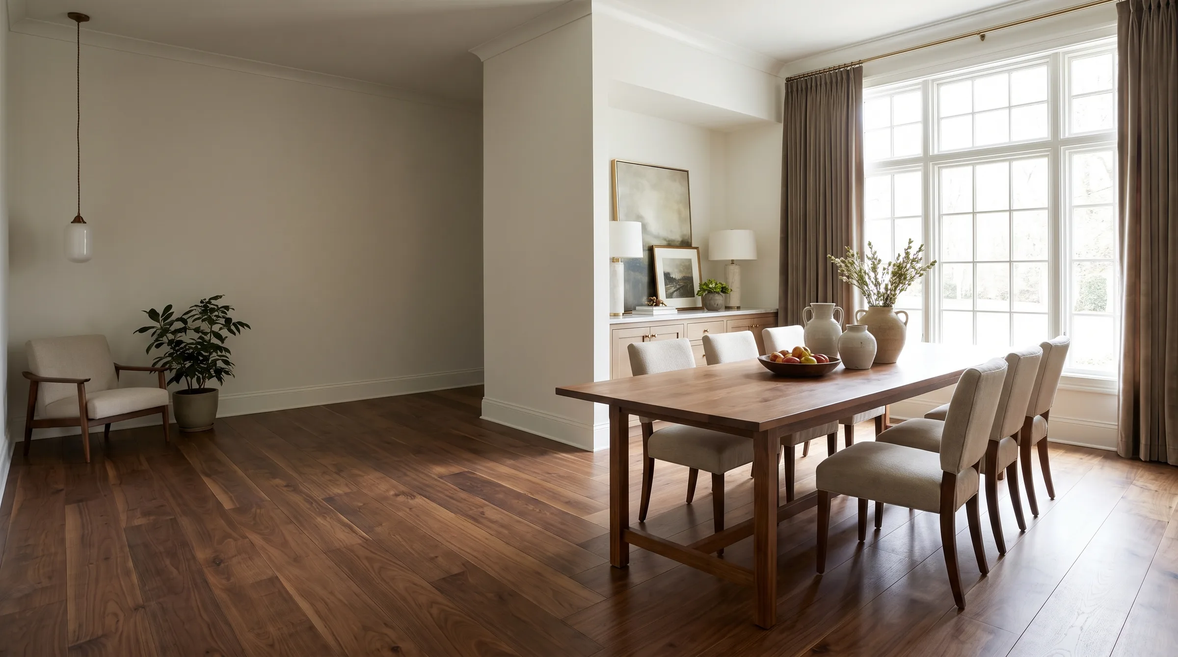Dining room with wide-plank walnut hardwood floors