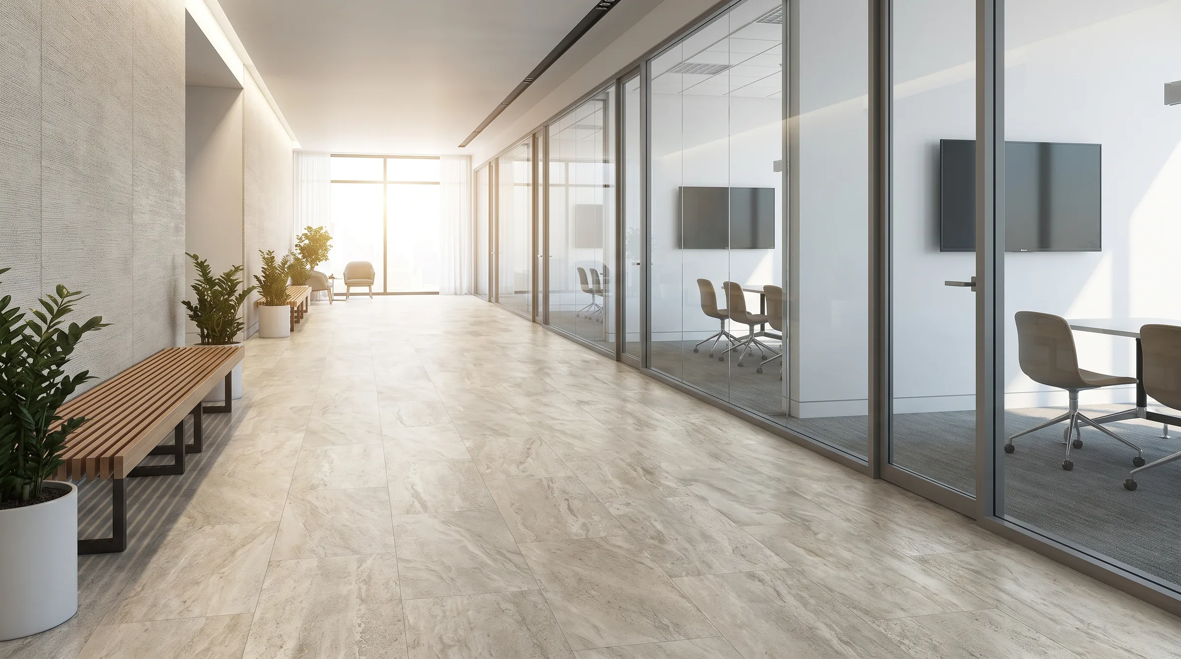 Office corridor with stone-look luxury vinyl tile