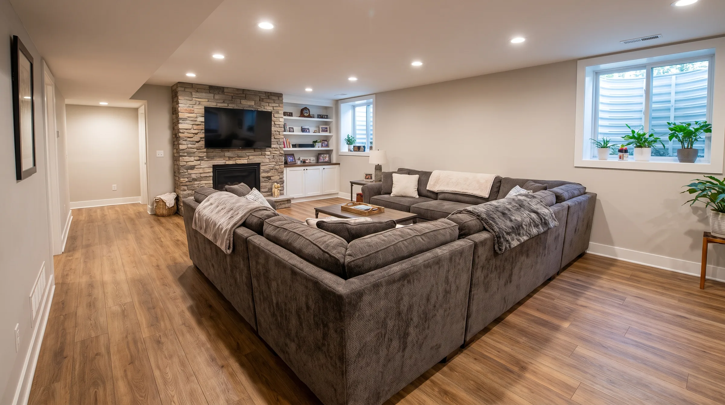 Finished basement family room with warm wood-look luxury vinyl plank