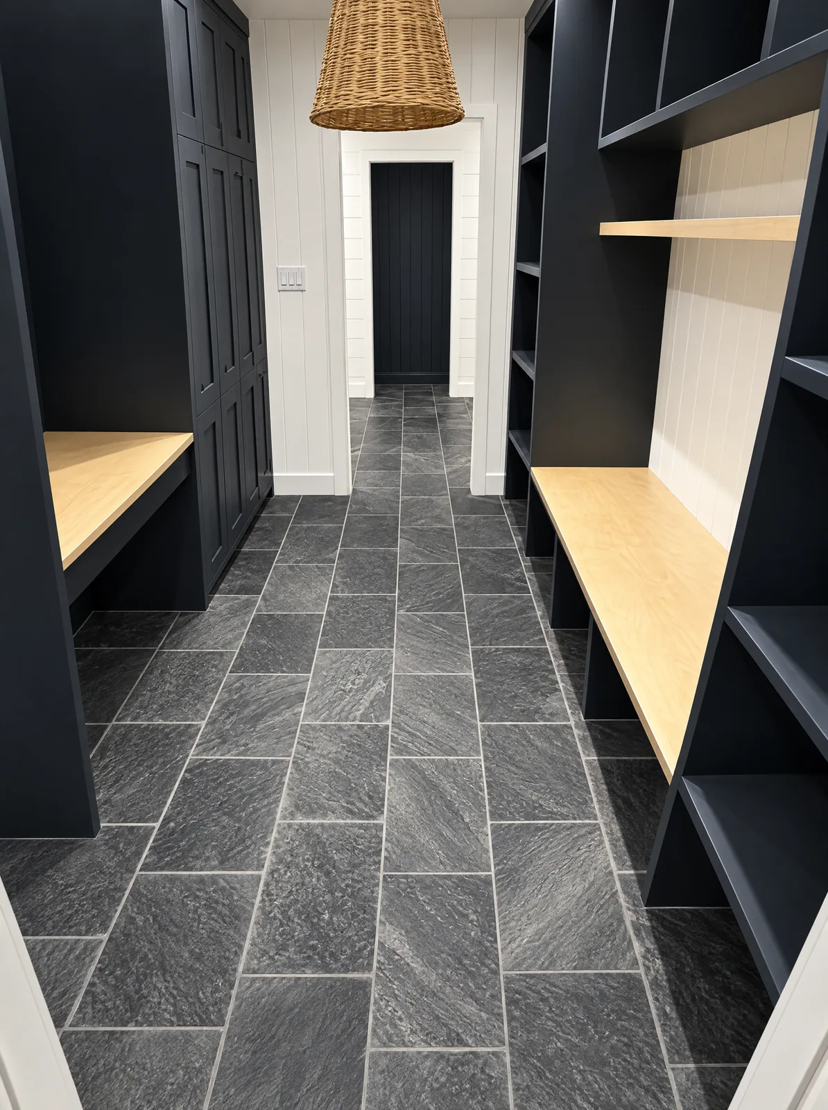 Locker room with slate-look tile floor
